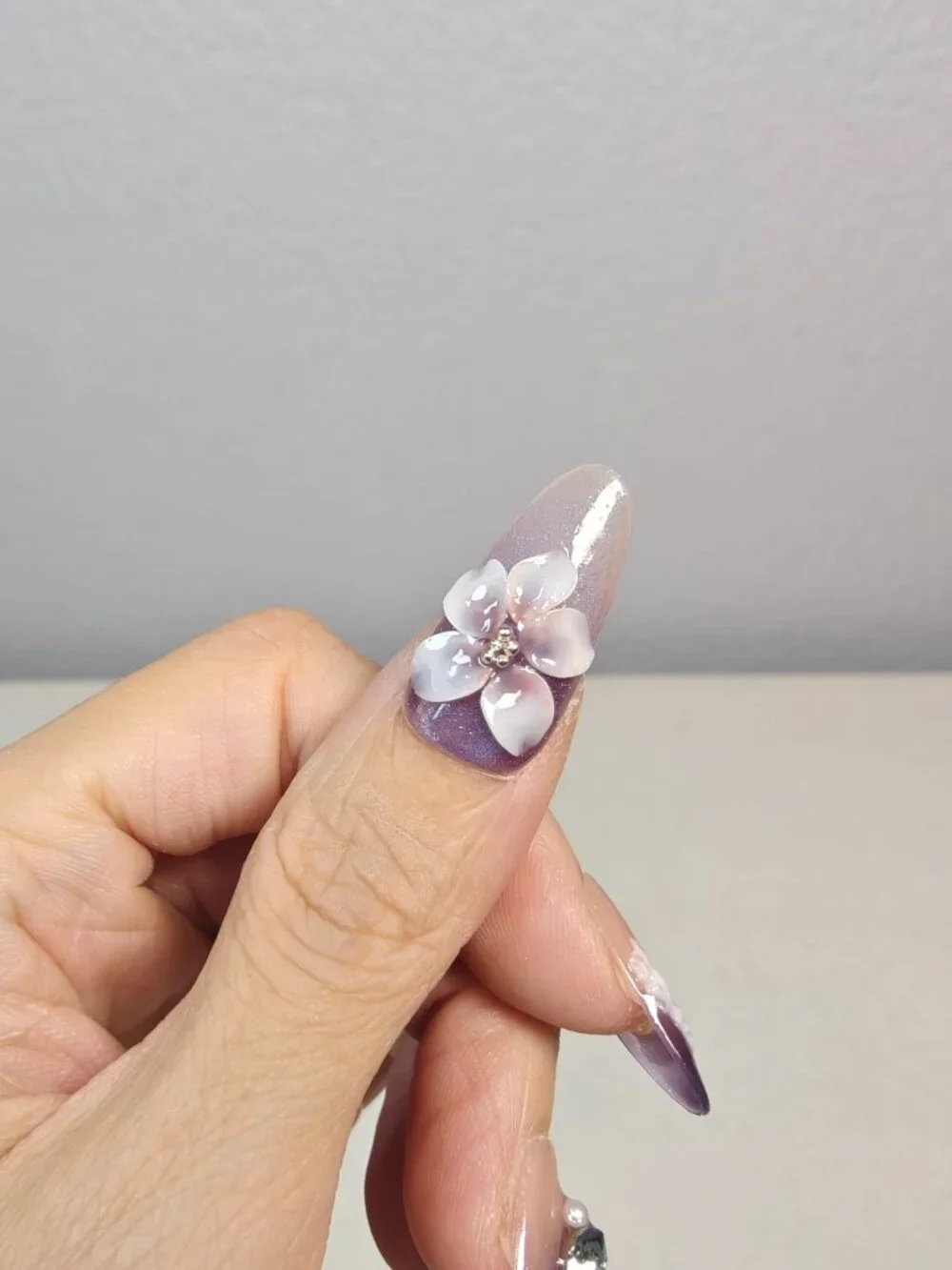 Dreamy Fairy Floral Medium Almond Press On Nails Pink Purple Cat Eye Gradient